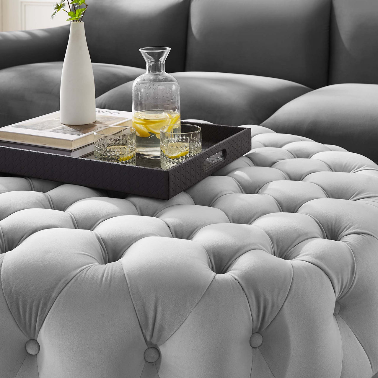 Love Round Velvet Ottoman, Large, Light Gray