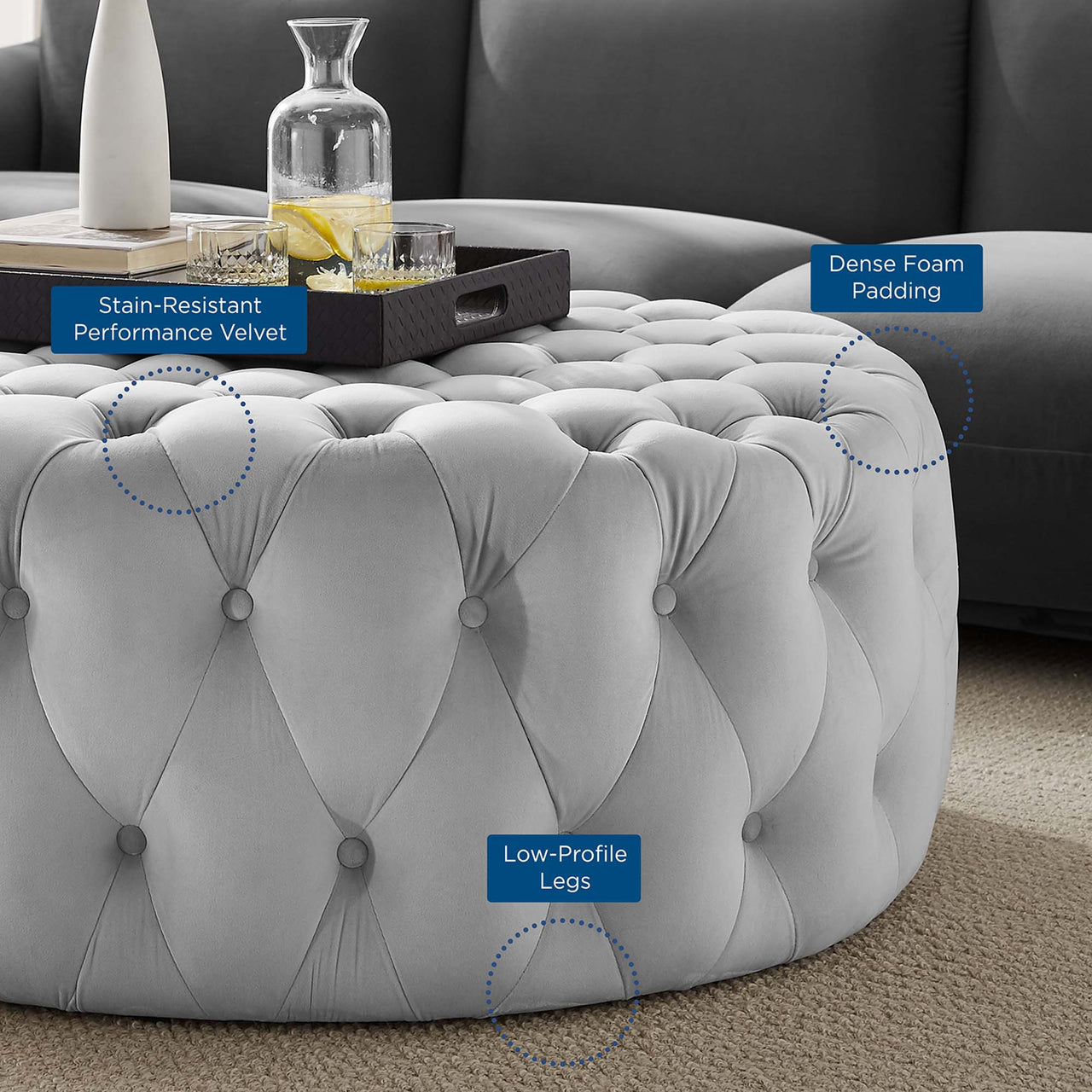 Love Round Velvet Ottoman, Large, Light Gray