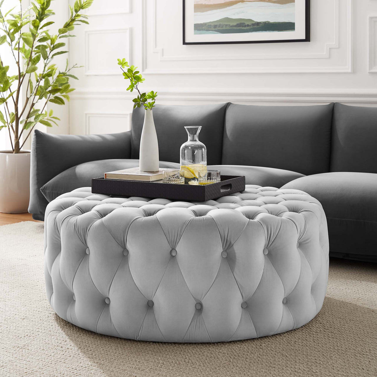 Love Round Velvet Ottoman, Large, Light Gray
