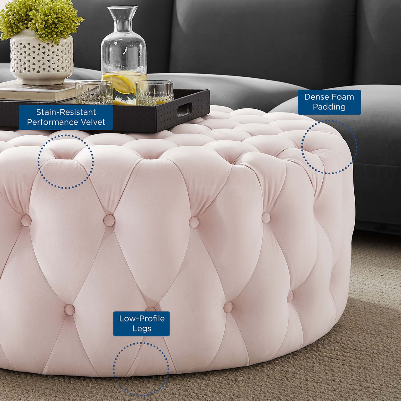 Love Round Velvet Ottoman, Large, Pink