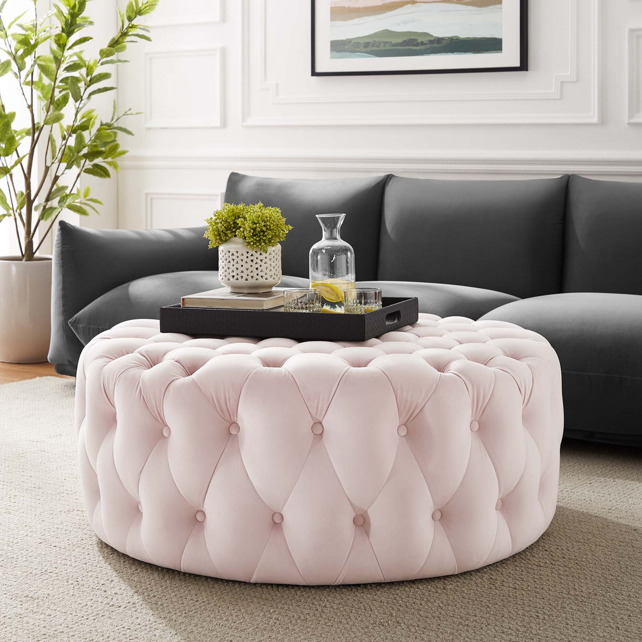 Love Round Velvet Ottoman, Large, Pink