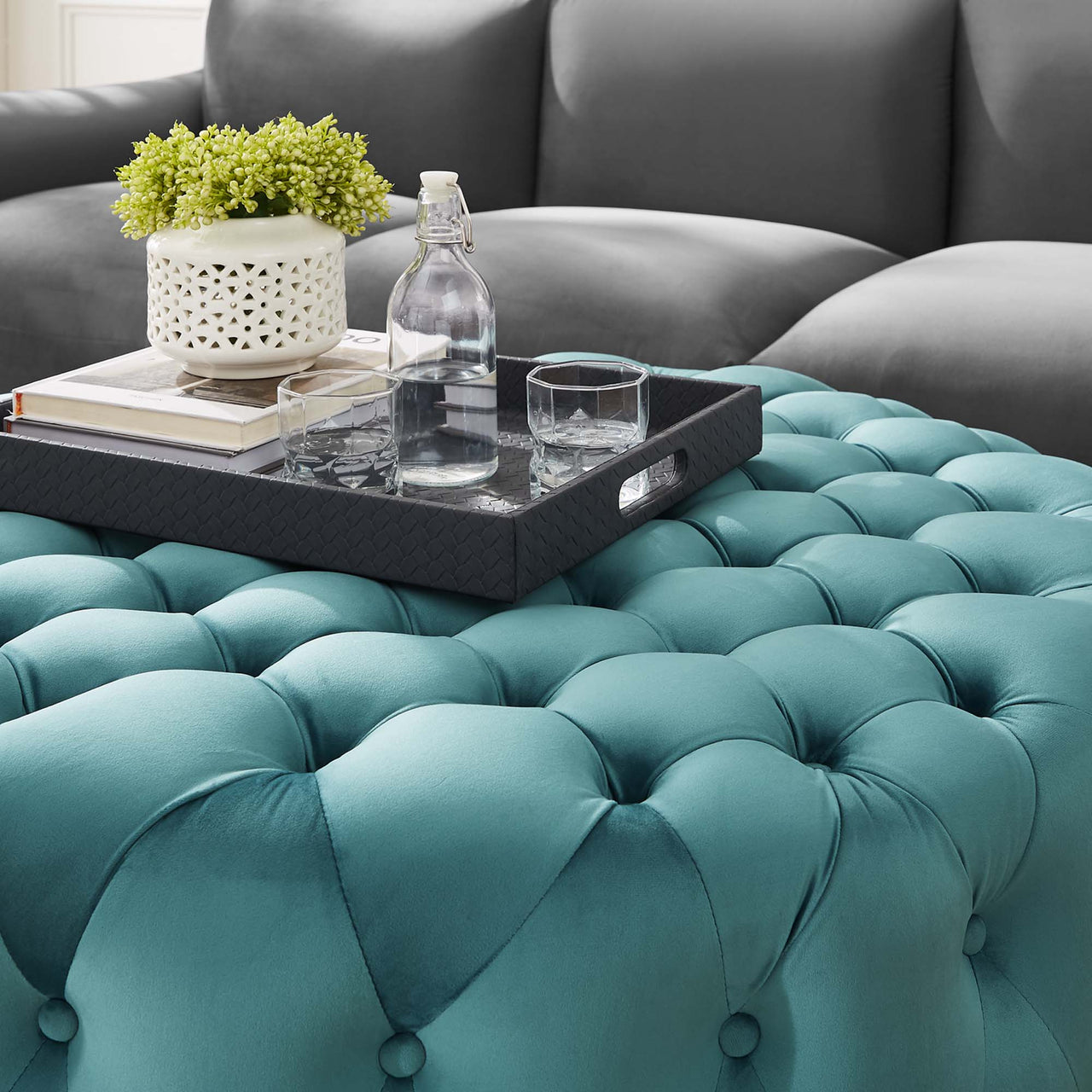 Love Round Velvet Ottoman, Large, Caspian Blue