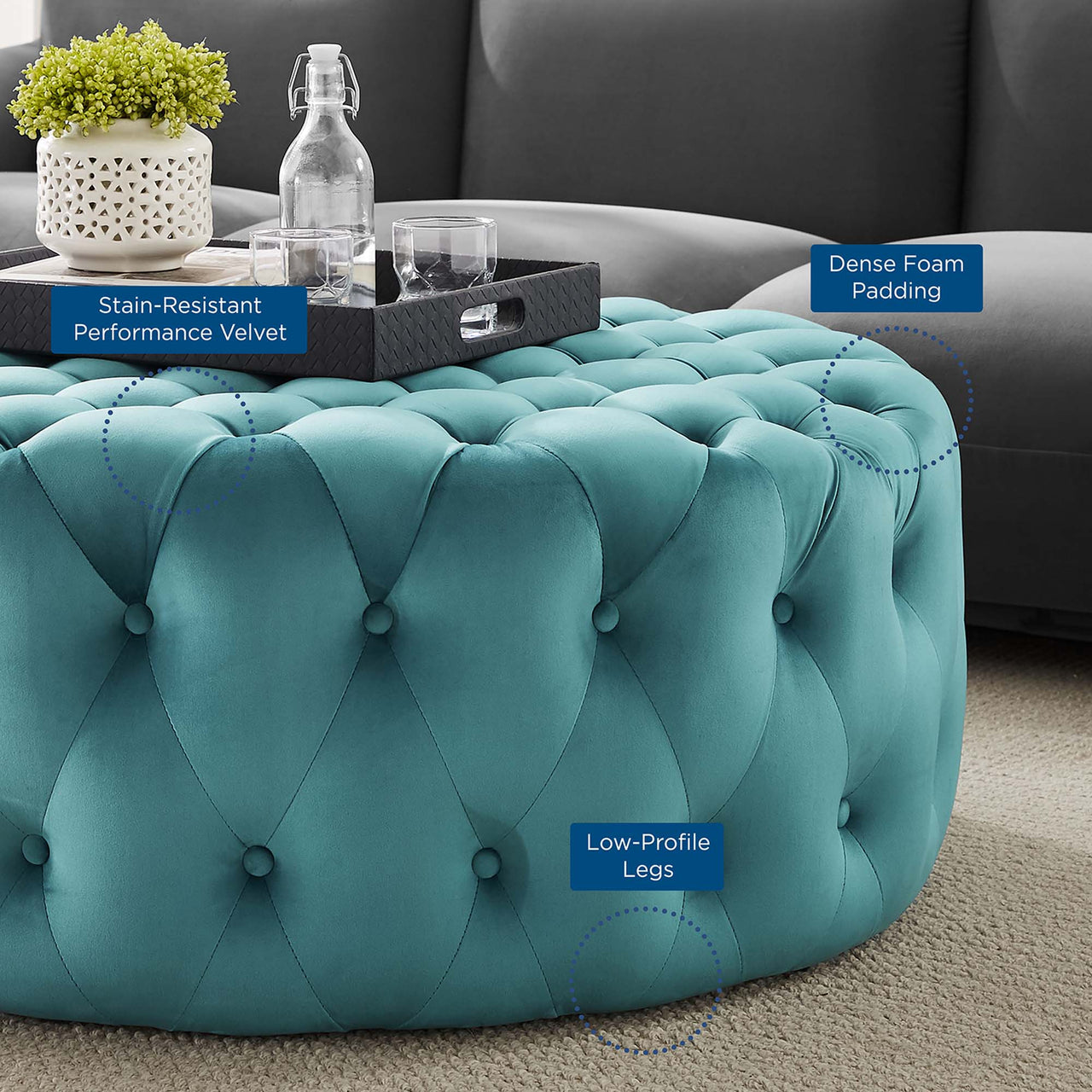 Love Round Velvet Ottoman, Large, Caspian Blue