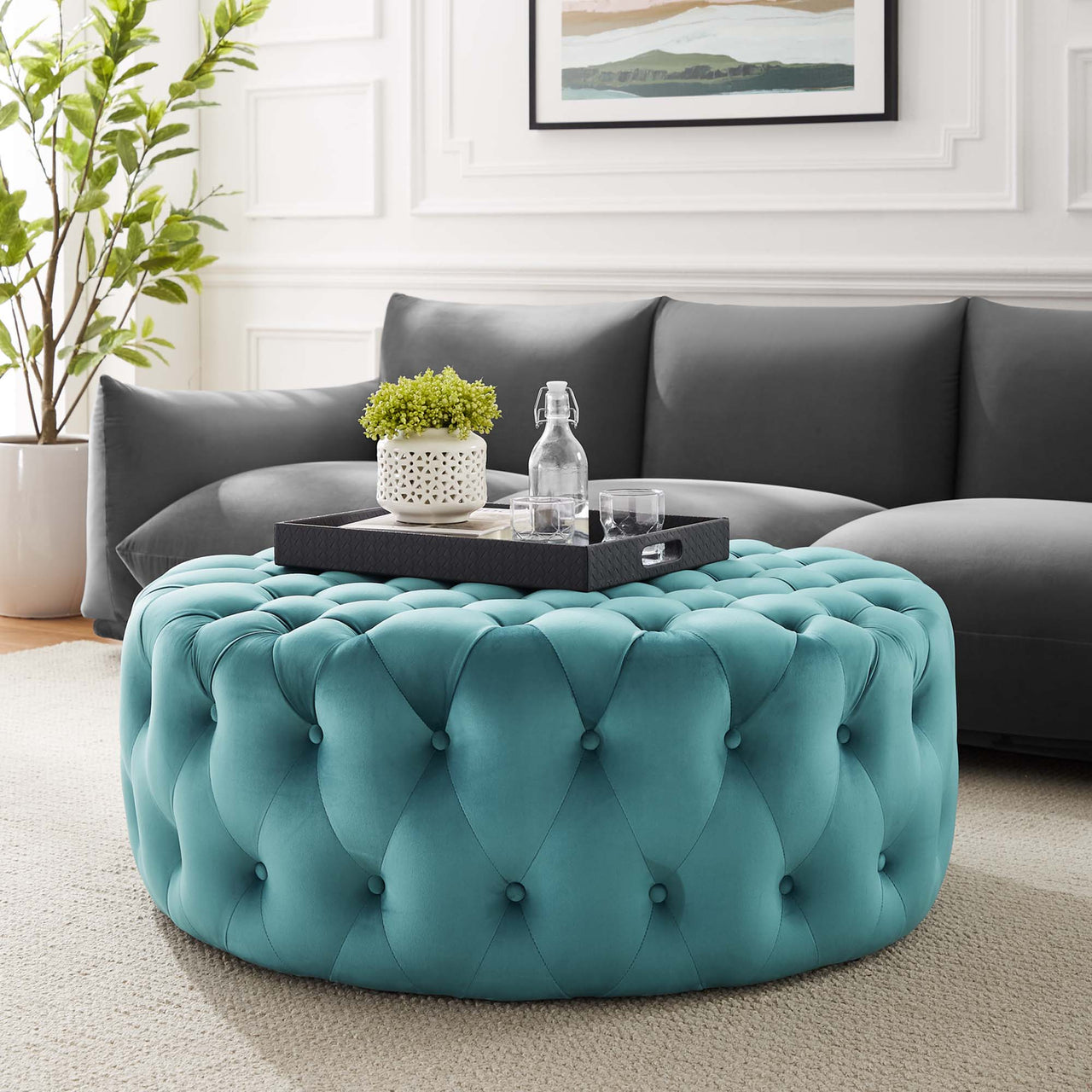 Love Round Velvet Ottoman, Large, Caspian Blue