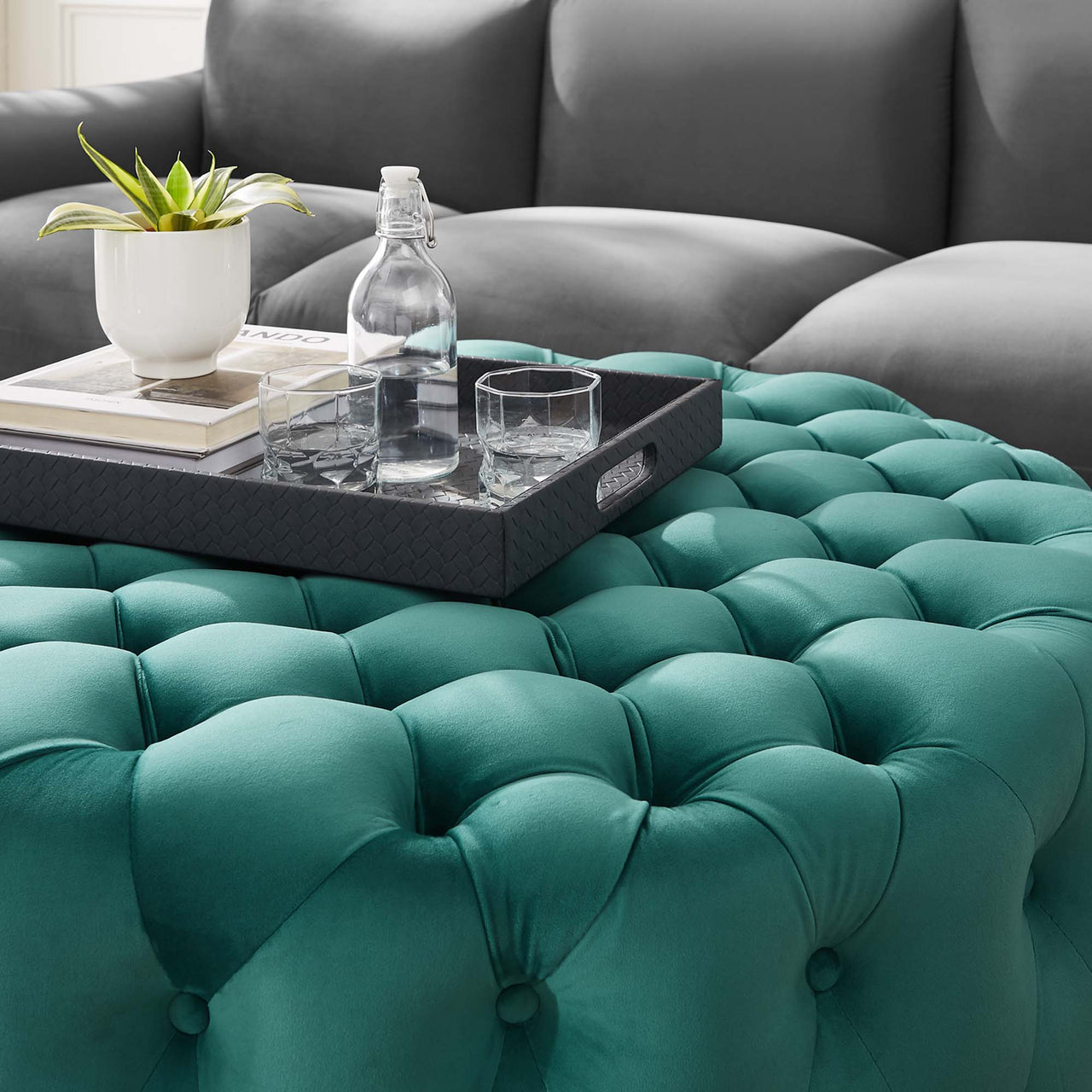 Love Round Velvet Ottoman, Large, Teal