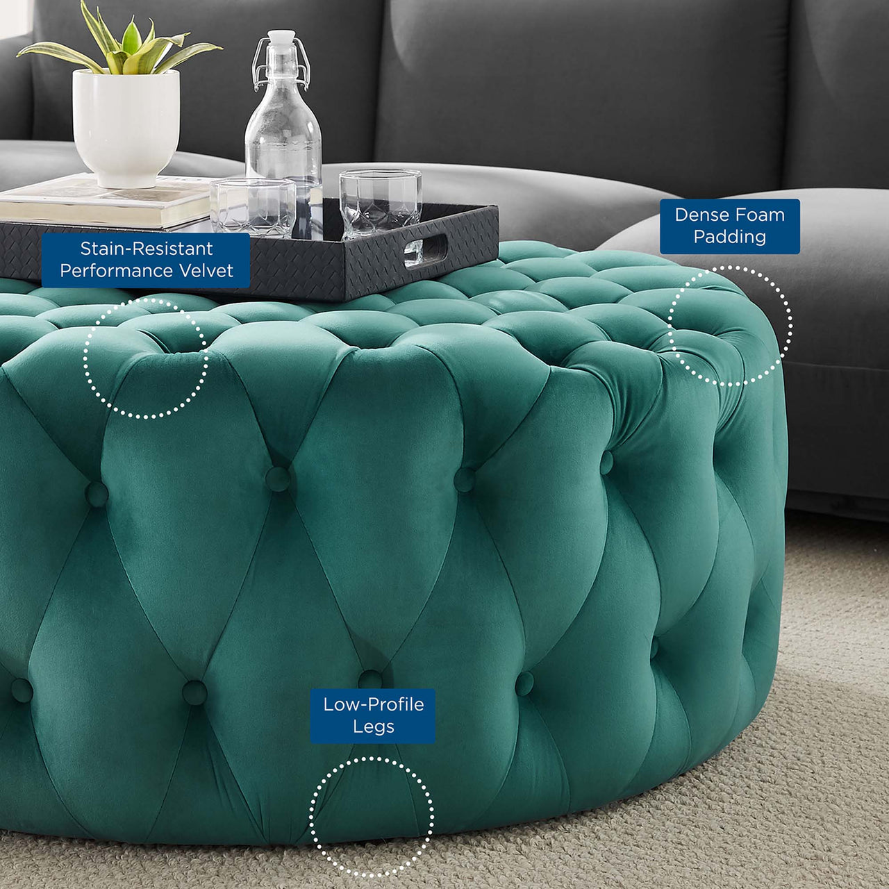 Love Round Velvet Ottoman, Large, Teal