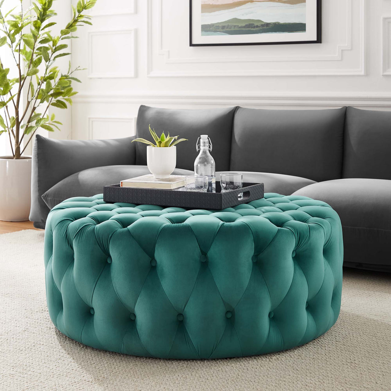 Love Round Velvet Ottoman, Large, Teal
