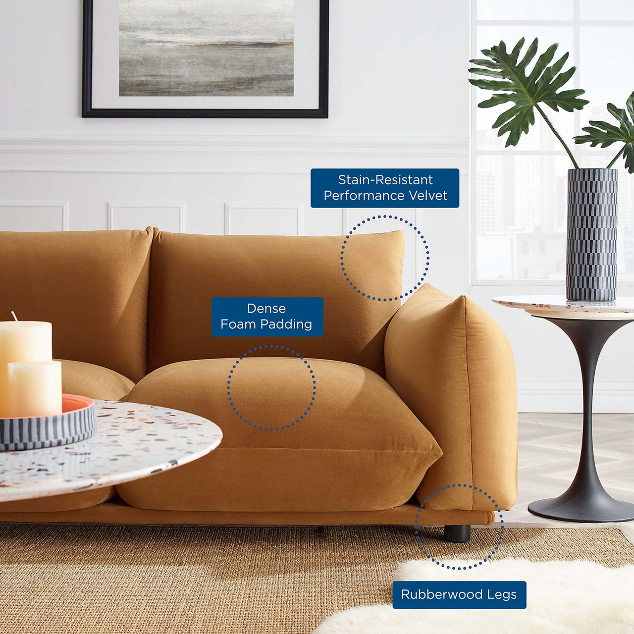 Abundance Velvet Sofa, Cognac