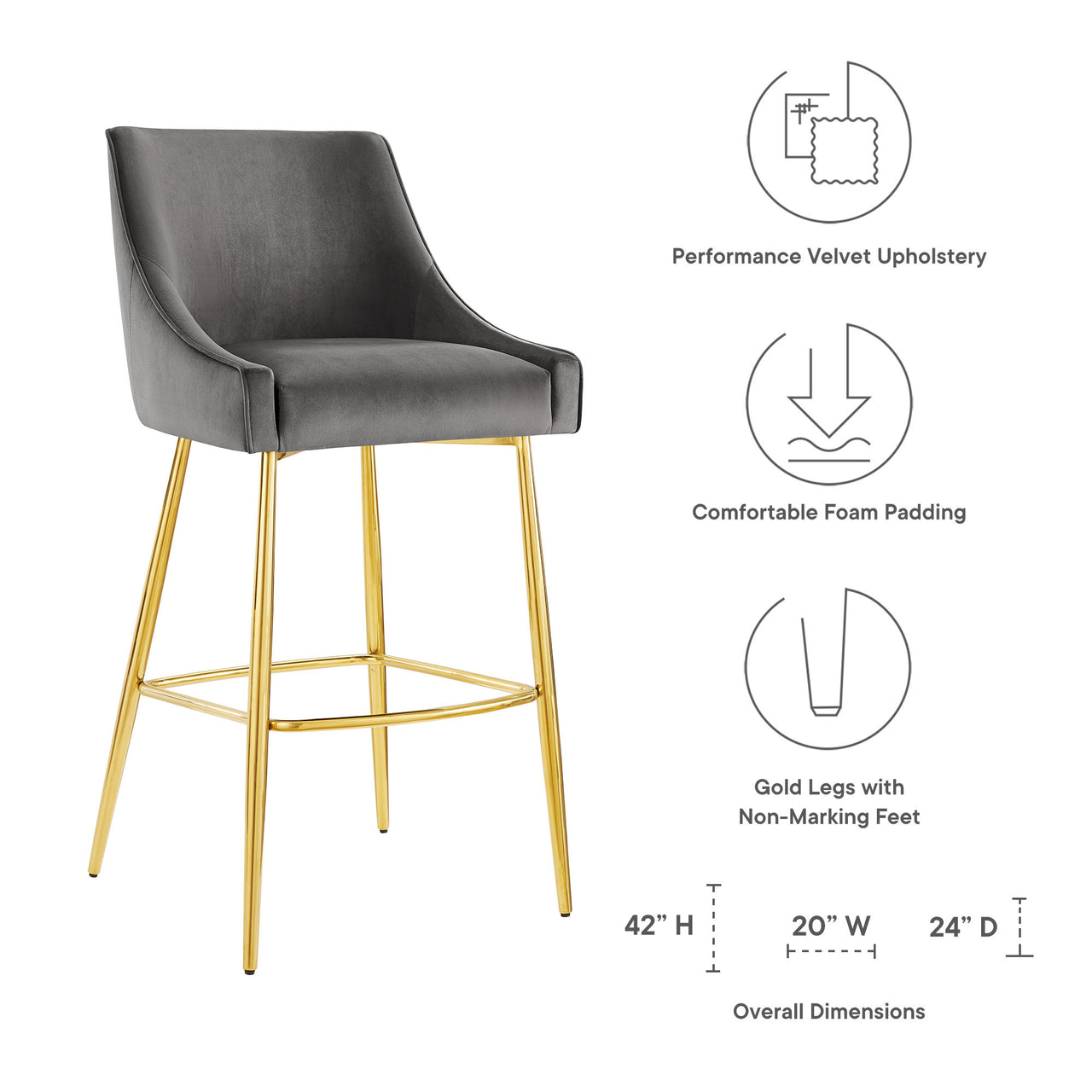 Virella Velvet Bar Stool, Gray