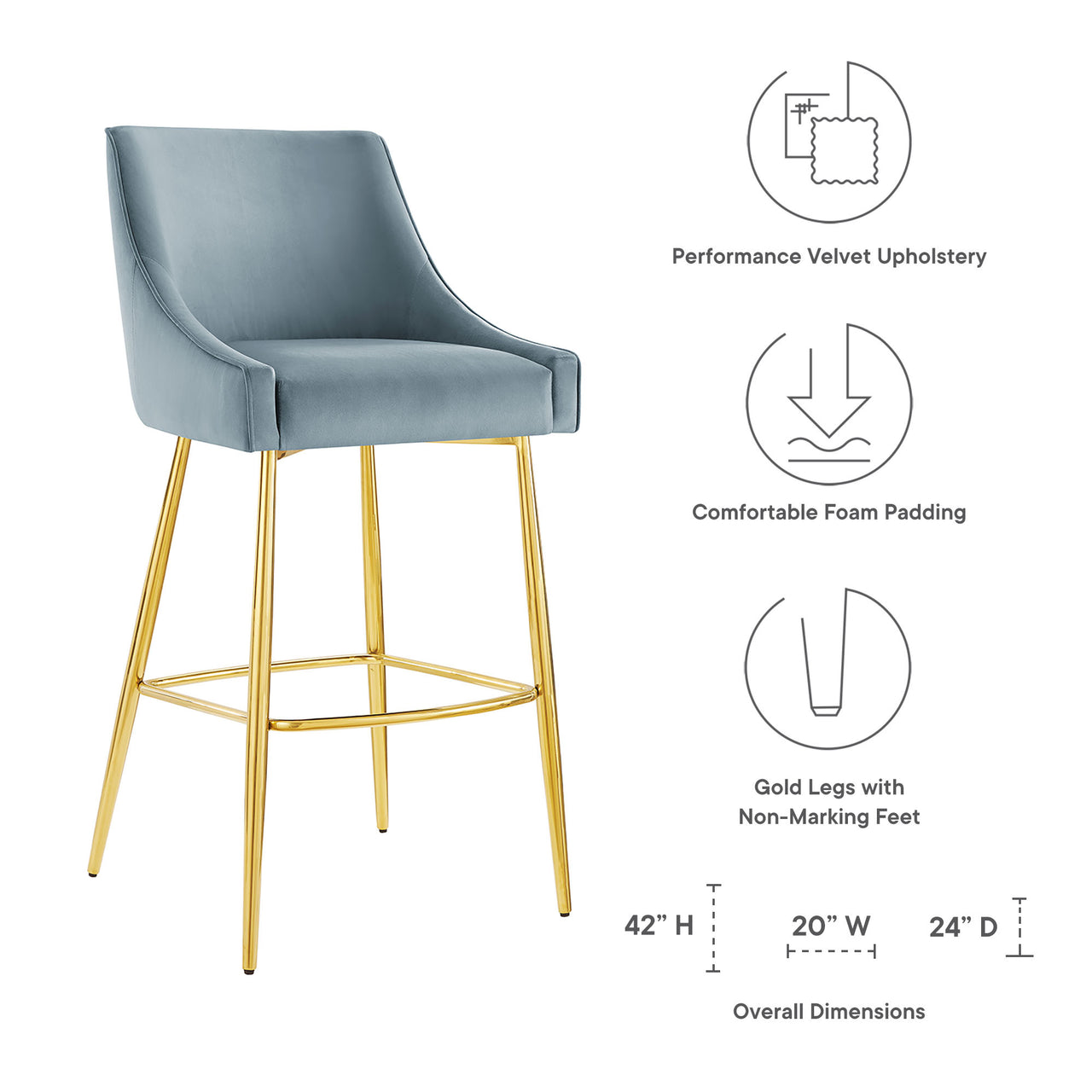 Virella Velvet Bar Stool, Light Blue