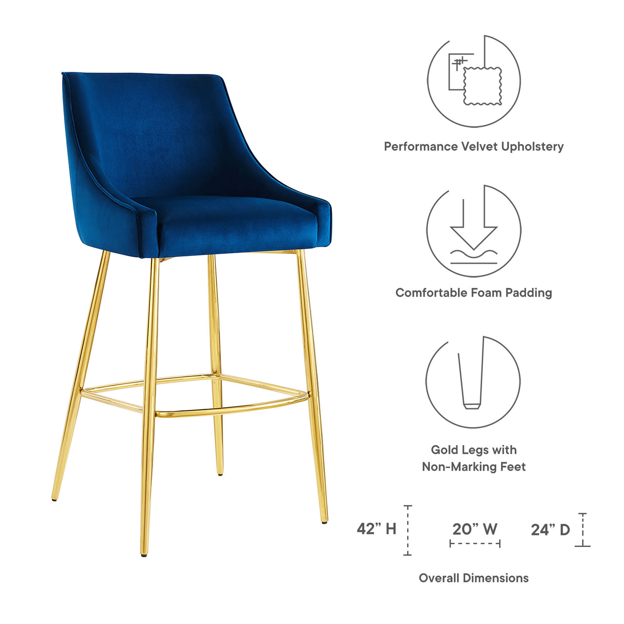 Virella Velvet Bar Stool, Navy