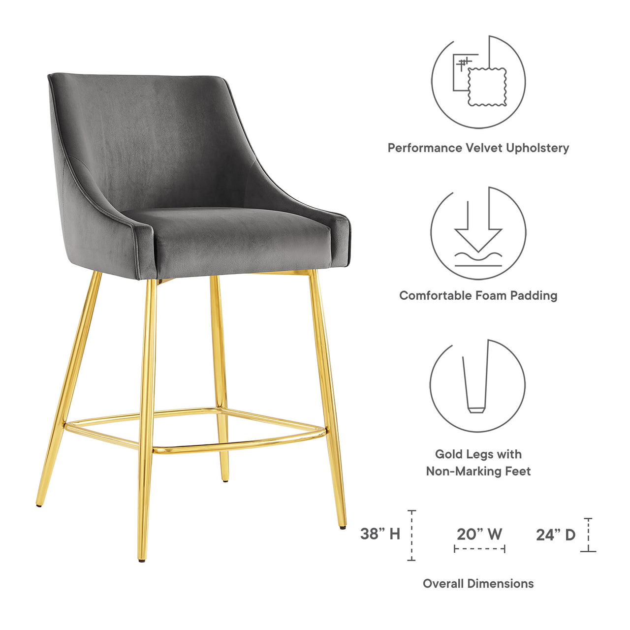 Virella Velvet Counter Stool, Gray