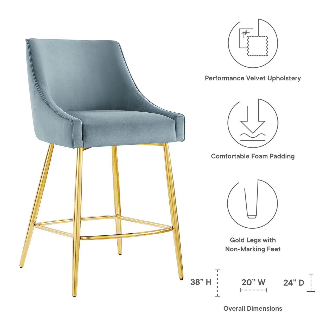 Virella Velvet Counter Stool, Light Blue