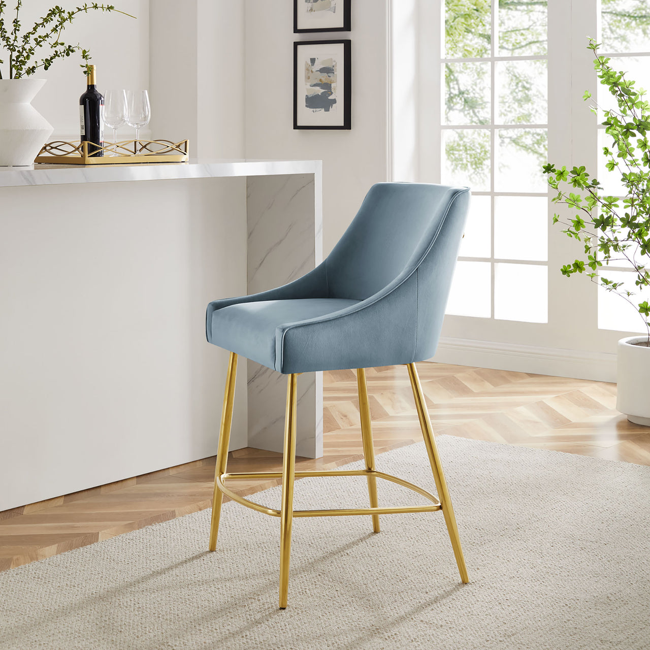 Virella Velvet Counter Stool, Light Blue