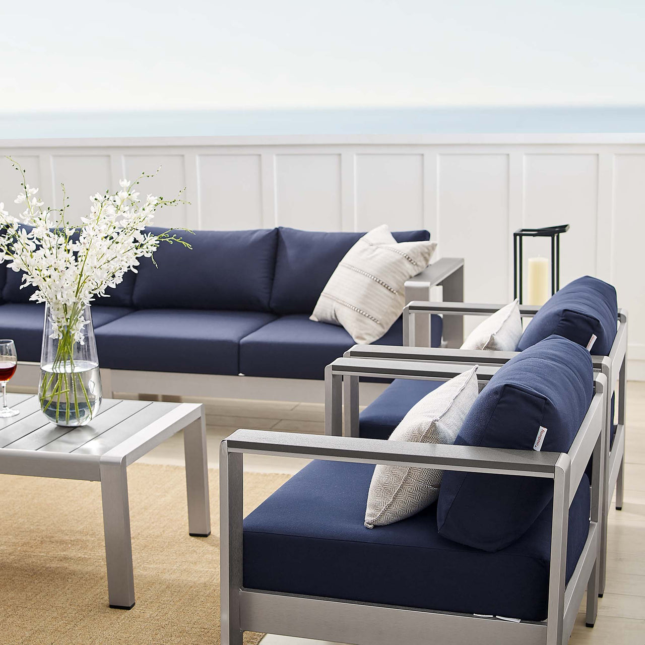 Shorea 7-Piece Sunbrella® Fabric Alfresco Sectional Sofa Set, Silver & Navy