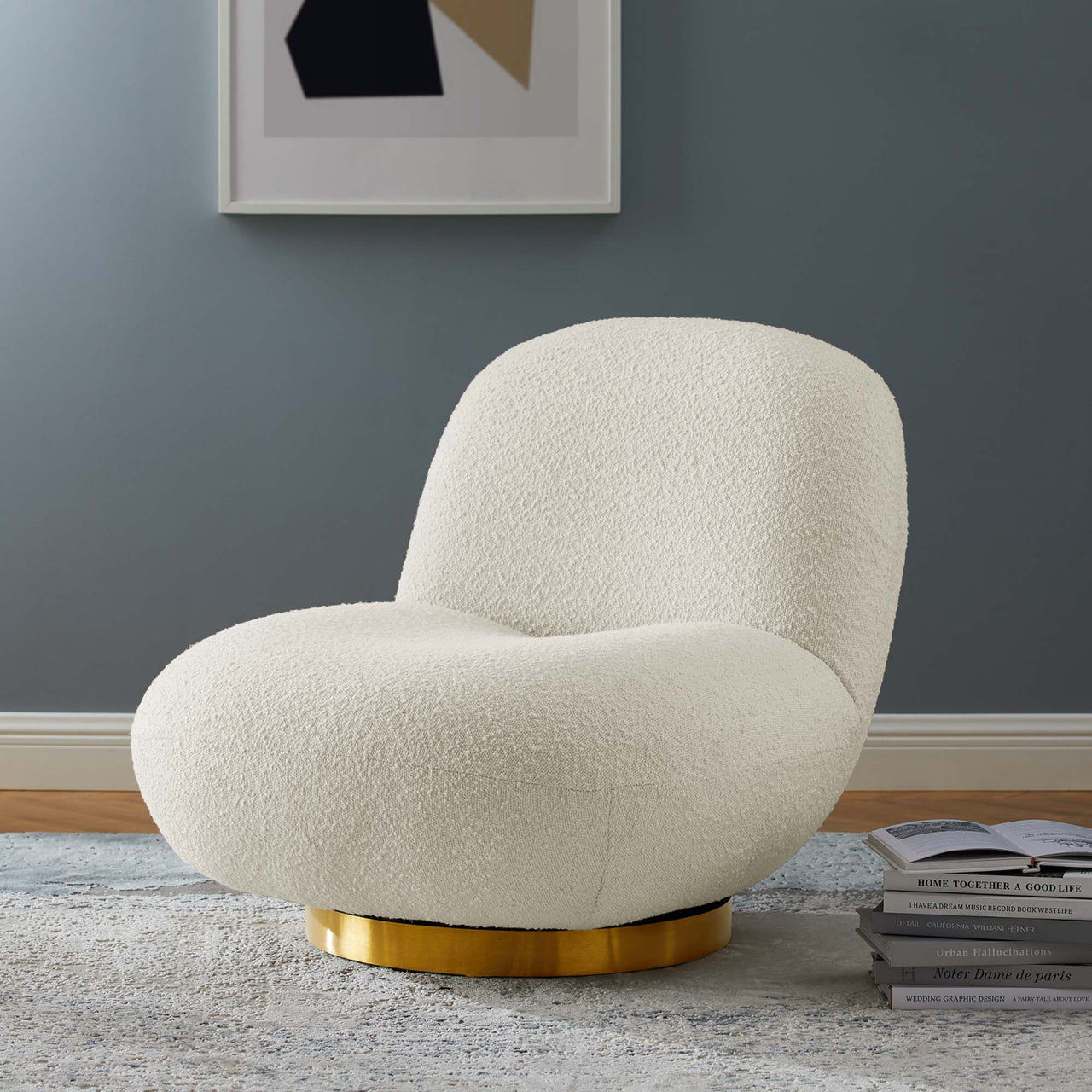 Verise Rotating Boucle Accent Chair, Gold & Ivory