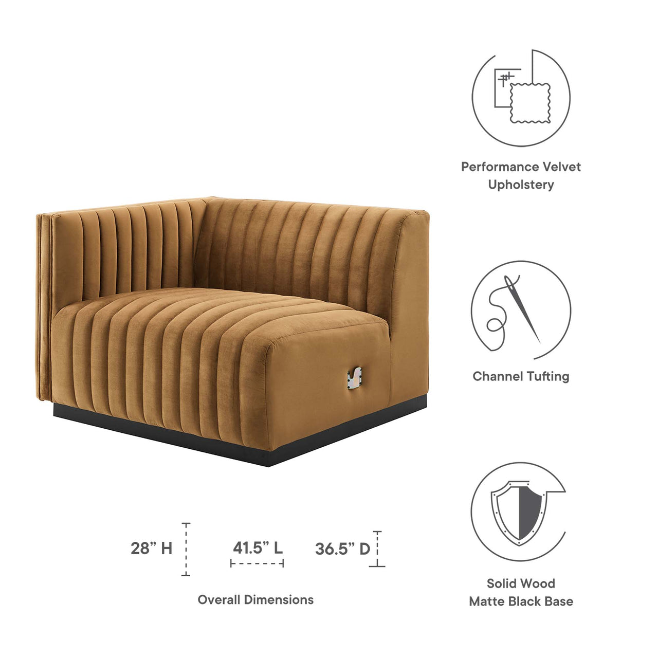 Evoke Velvet Left-Arm Chair | Modular Sectional Component, Black & Cognac