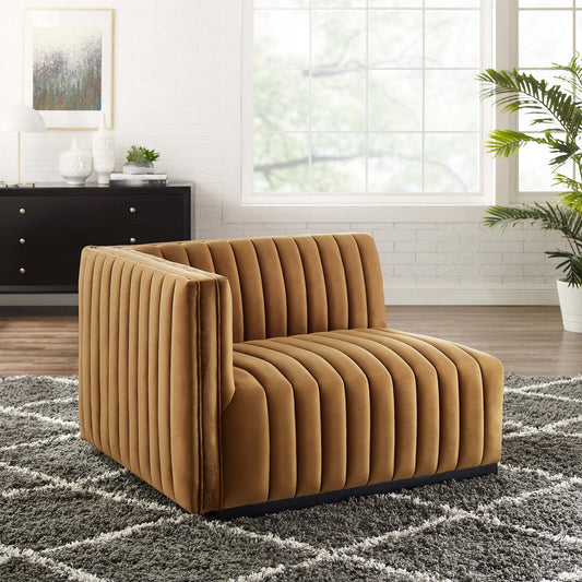 Evoke Velvet Left-Arm Chair | Modular Sectional Component, Black & Cognac