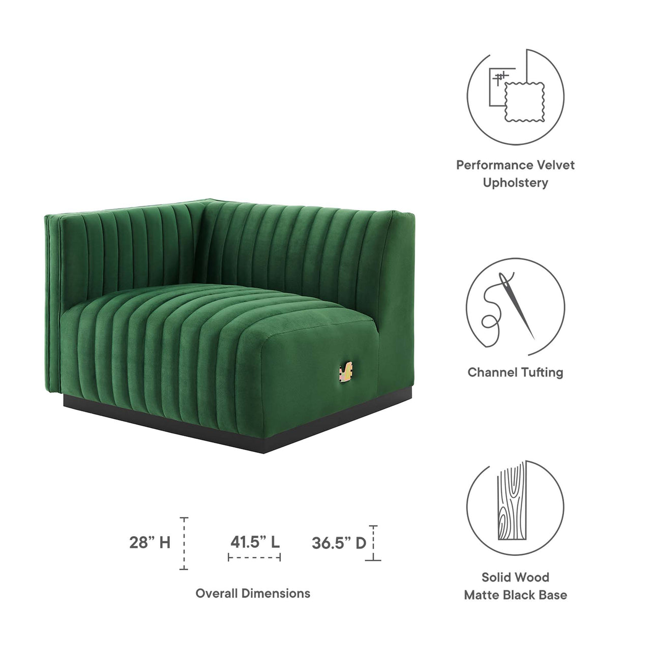 Evoke Velvet Left-Arm Chair | Modular Sectional Component, Black & Emerald
