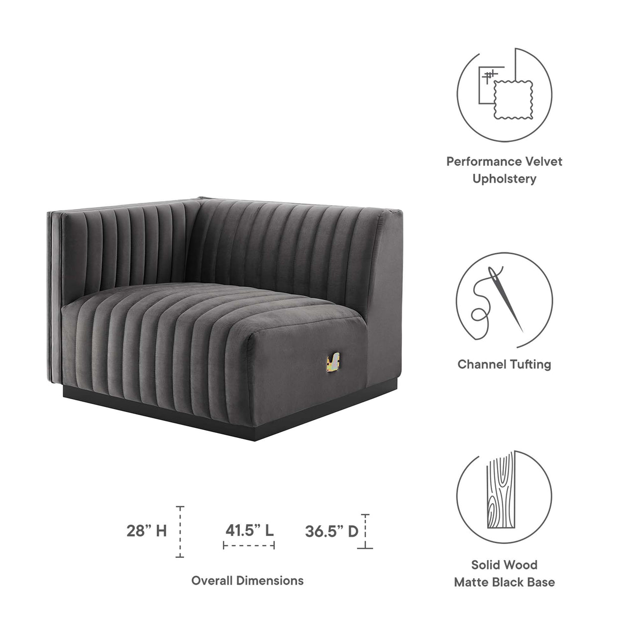 Evoke Velvet Left-Arm Chair | Modular Sectional Component, Black & Gray