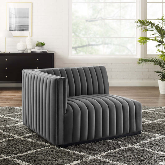 Evoke Velvet Left-Arm Chair | Modular Sectional Component, Black & Gray