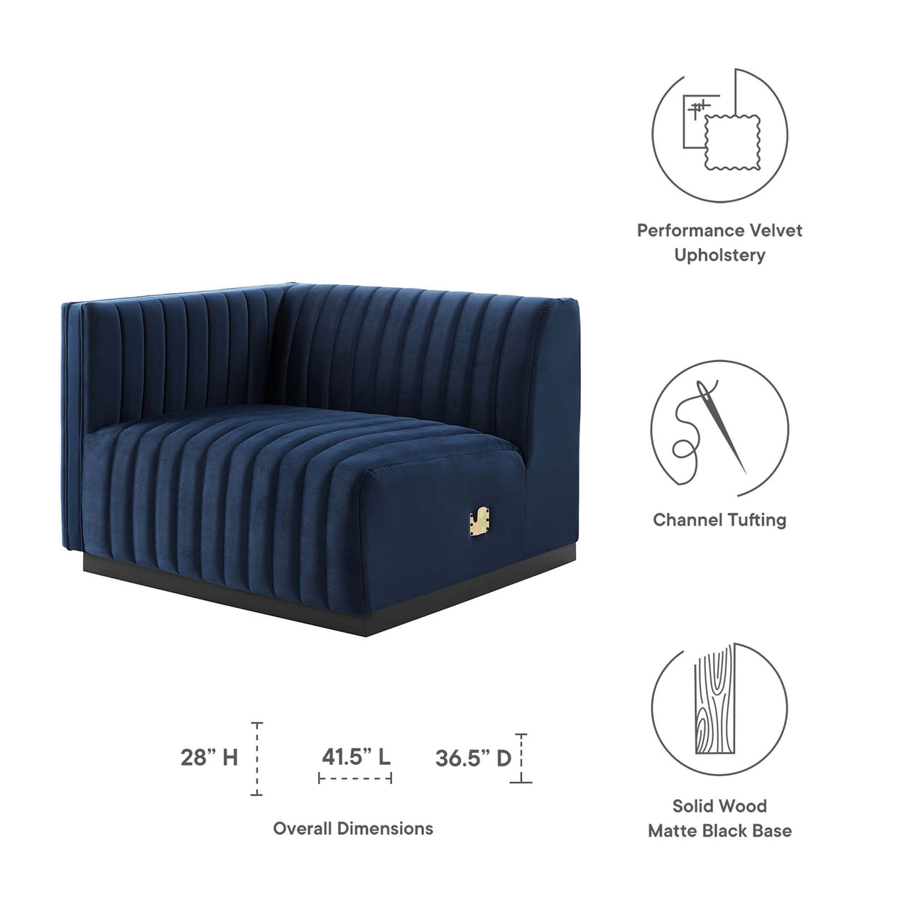 Evoke Velvet Left-Arm Chair | Modular Sectional Component, Black & Dark Blue