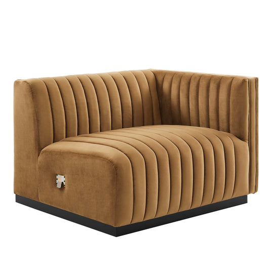 Evoke Velvet Right-Arm Chair | Modular Sectional Component, Black & Cognac