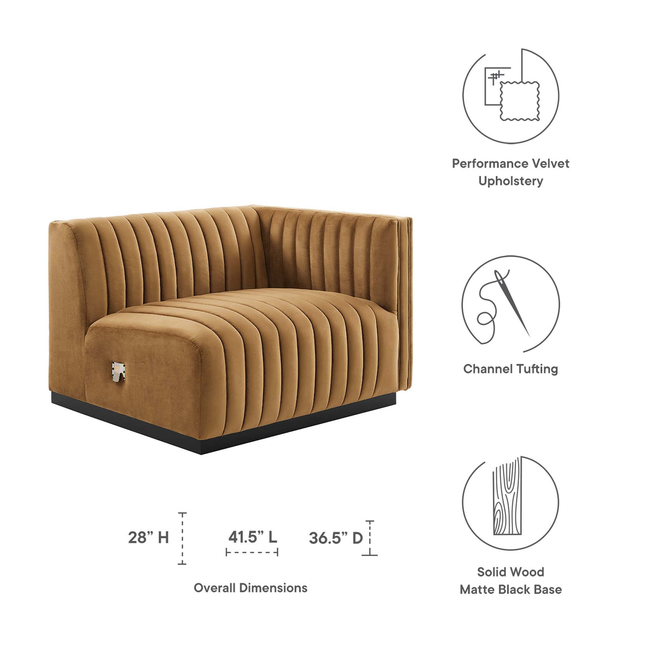 Evoke Velvet Right-Arm Chair | Modular Sectional Component, Black & Cognac