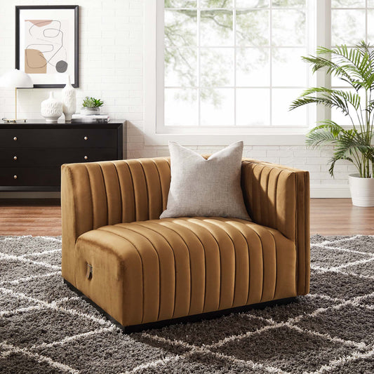 Evoke Velvet Right-Arm Chair | Modular Sectional Component, Black & Cognac