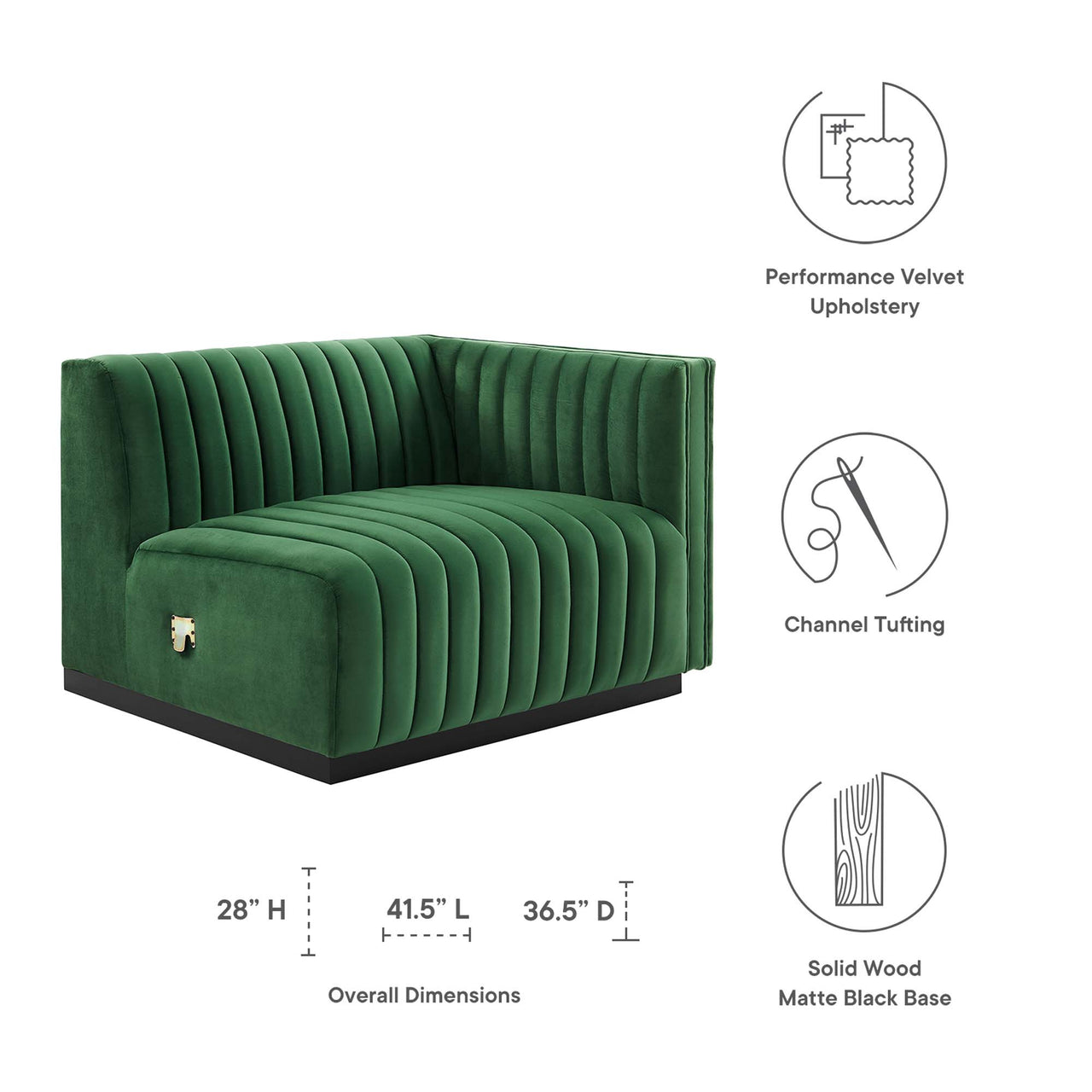 Evoke Velvet Right-Arm Chair | Modular Sectional Component, Black & Emerald