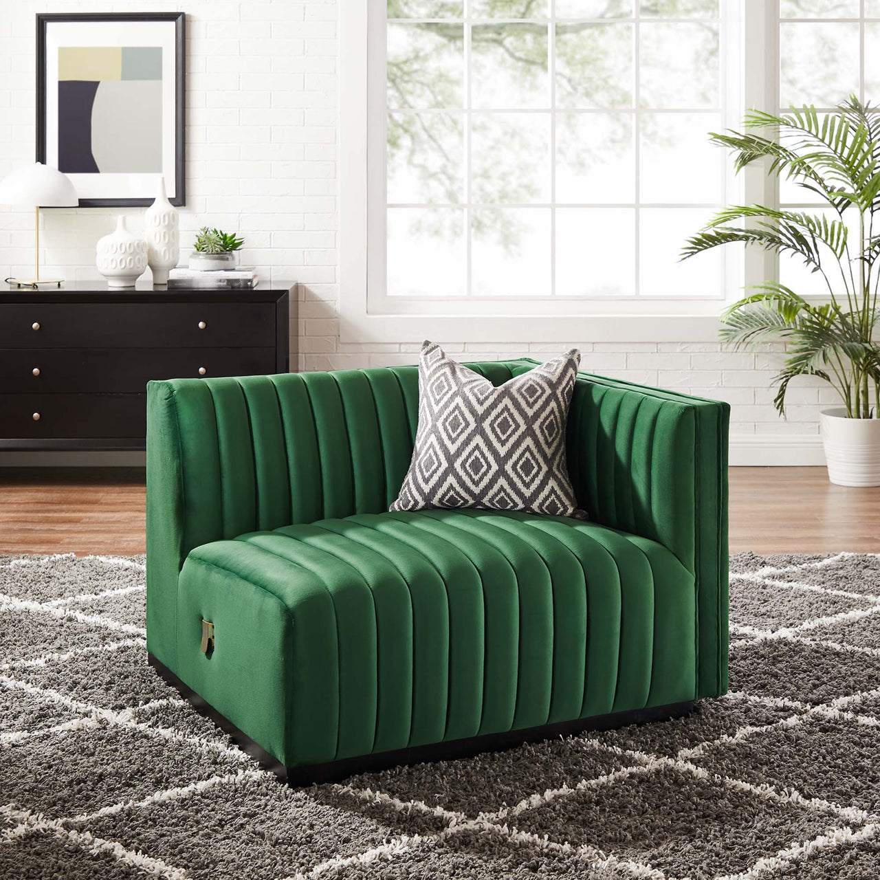 Evoke Velvet Right-Arm Chair | Modular Sectional Component, Black & Emerald