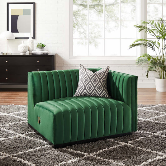 Evoke Velvet Right-Arm Chair | Modular Sectional Component, Black & Emerald
