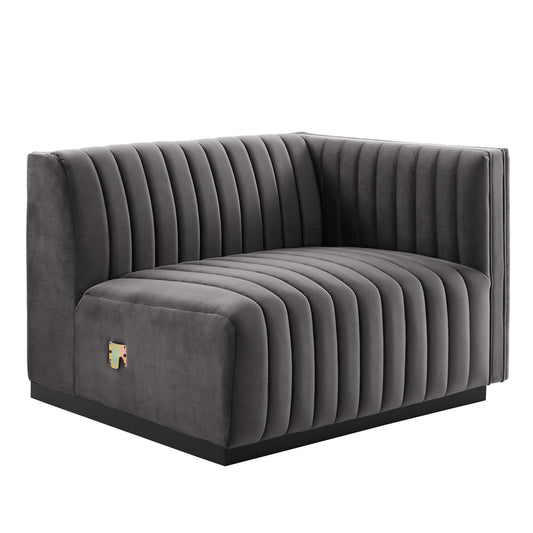 Evoke Velvet Right-Arm Chair | Modular Sectional Component, Black & Gray