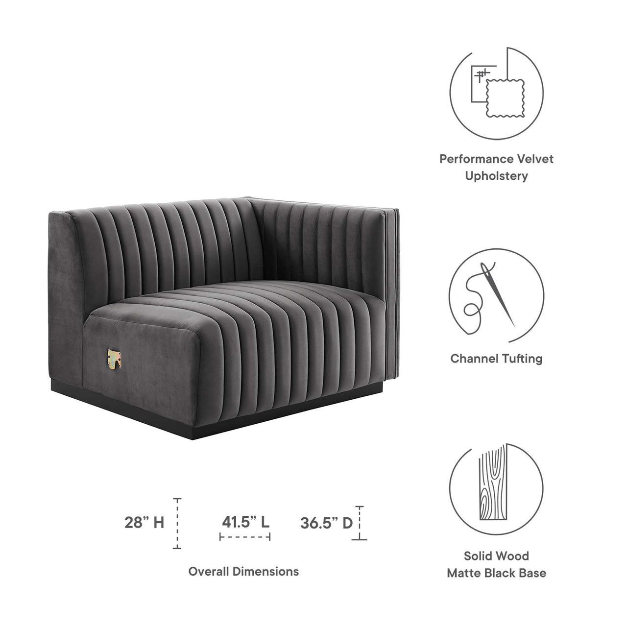 Evoke Velvet Right-Arm Chair | Modular Sectional Component, Black & Gray