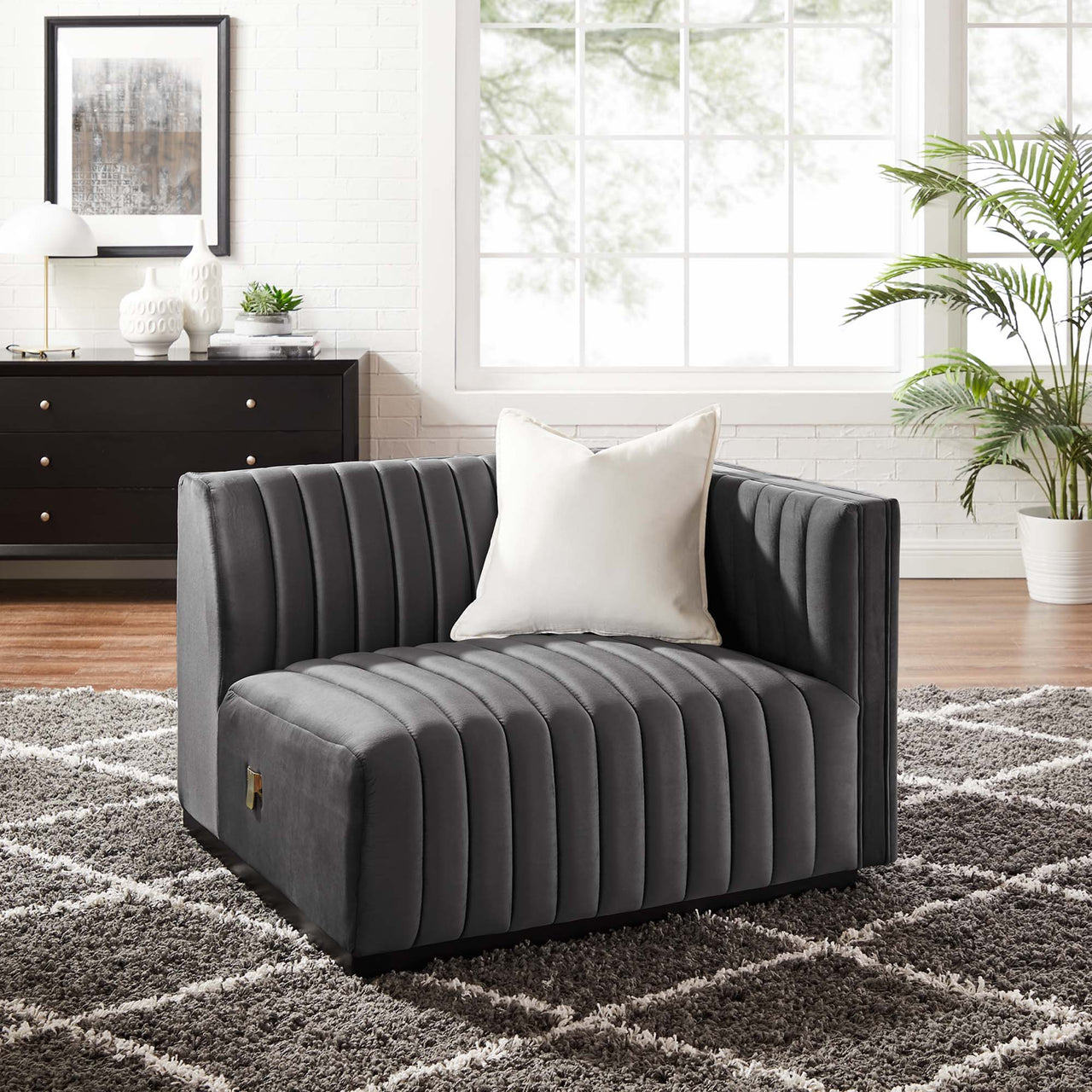 Evoke Velvet Right-Arm Chair | Modular Sectional Component, Black & Gray