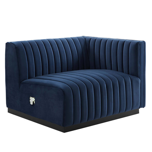 Evoke Velvet Right-Arm Chair | Modular Sectional Component, Black & Dark Blue