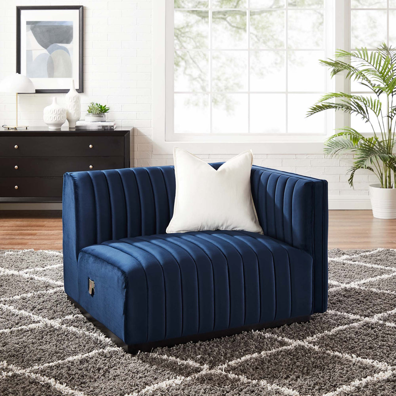 Evoke Velvet Right-Arm Chair | Modular Sectional Component, Black & Dark Blue