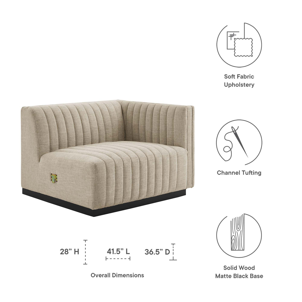 Evoke Fabric Right-Arm Chair | Modular Sectional Component, Black & Beige