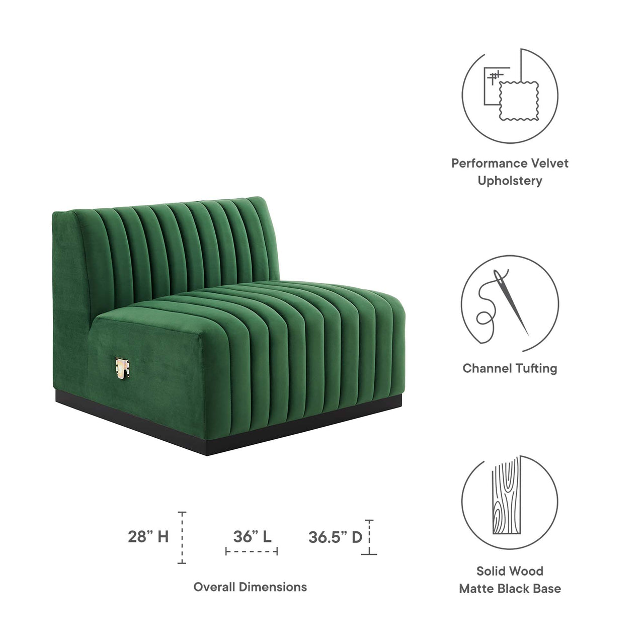 Evoke Velvet Armless Chair | Modular Sectional Component, Black & Emerald