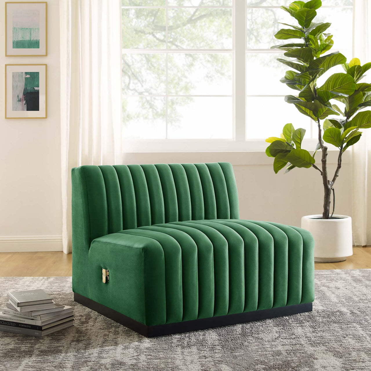Evoke Velvet Armless Chair | Modular Sectional Component, Black & Emerald