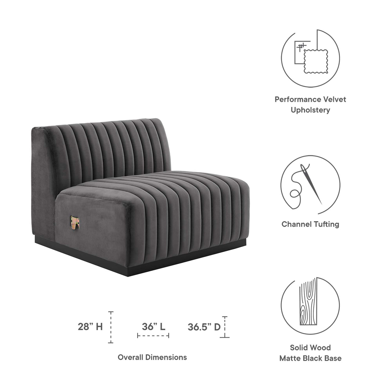 Evoke Velvet Armless Chair | Modular Sectional Component, Black & Gray