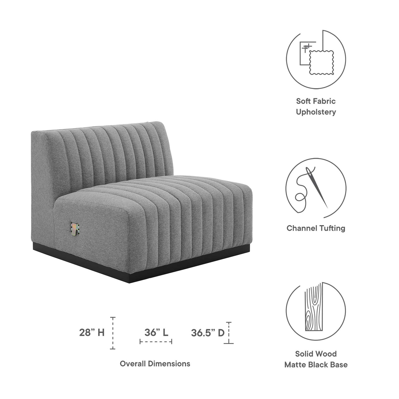 Evoke Fabric Armless Chair | Modular Sectional Component, Black & Light Gray
