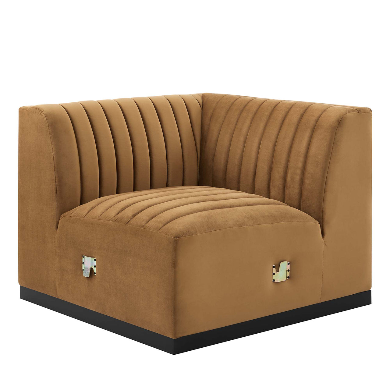 Evoke Velvet Left Corner Chair | Modular Sectional Component, Black & Cognac