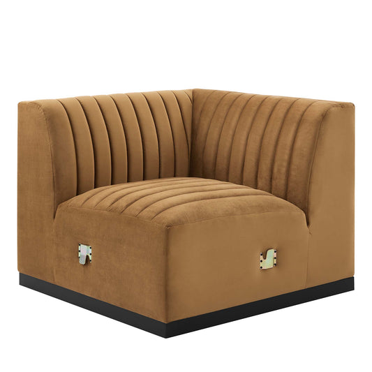 Evoke Velvet Left Corner Chair | Modular Sectional Component, Black & Cognac