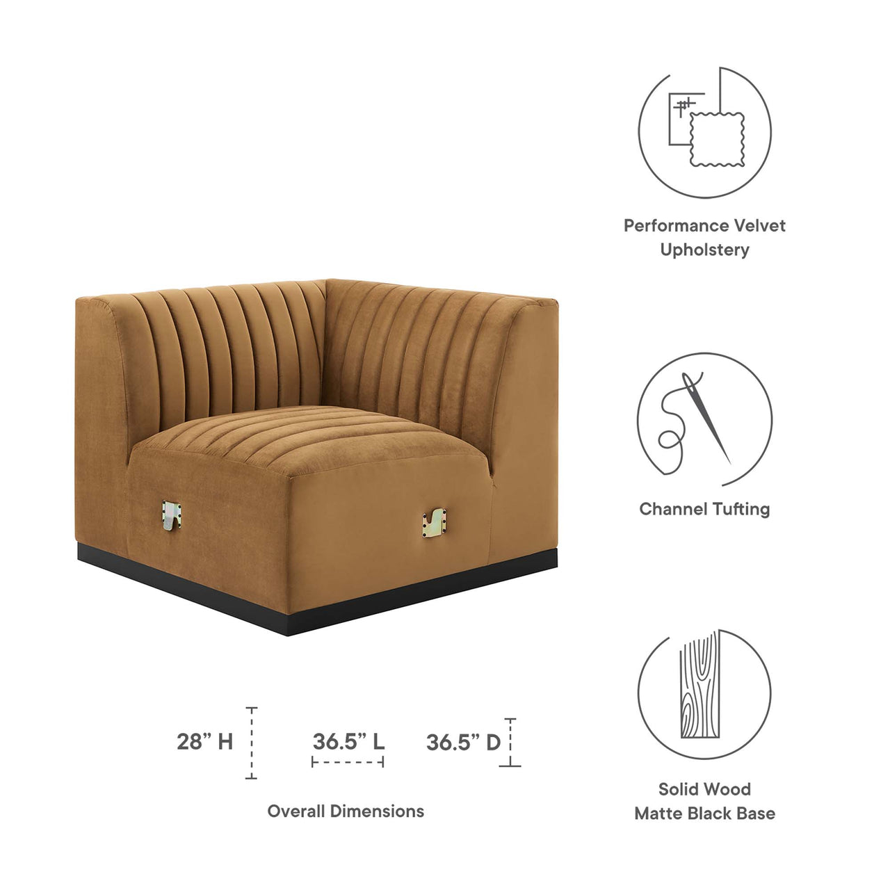 Evoke Velvet Left Corner Chair | Modular Sectional Component, Black & Cognac