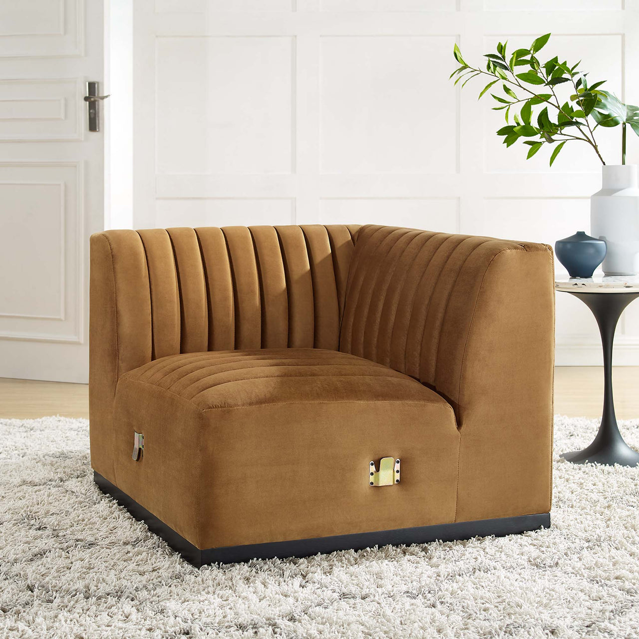 Evoke Velvet Left Corner Chair | Modular Sectional Component, Black & Cognac