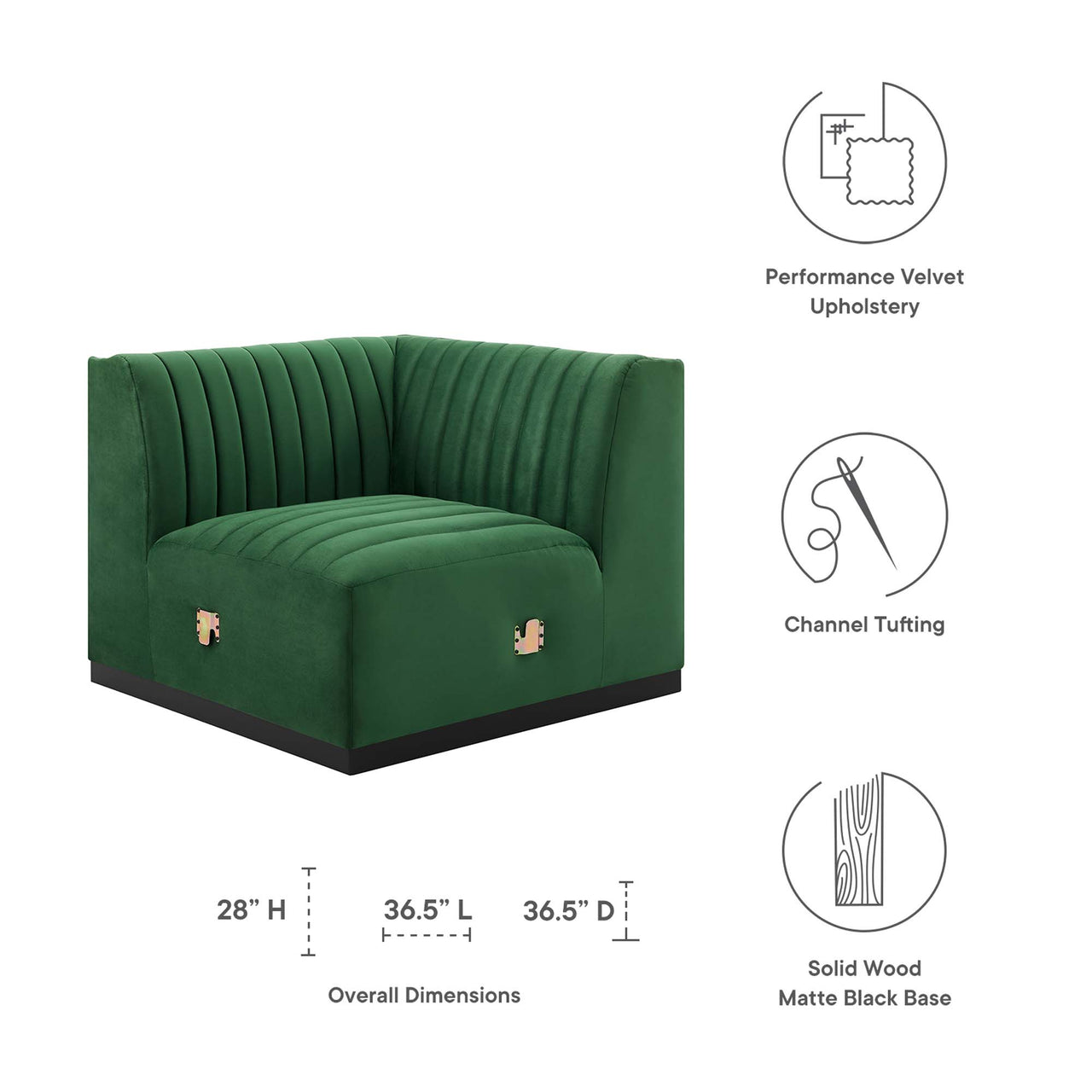 Evoke Velvet Left Corner Chair | Modular Sectional Component, Black & Emerald