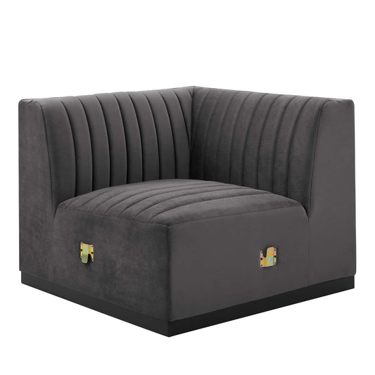 Evoke Velvet Left Corner Chair | Modular Sectional Component, Black & Gray