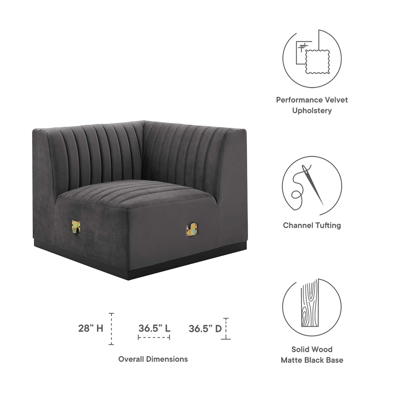 Evoke Velvet Left Corner Chair | Modular Sectional Component, Black & Gray