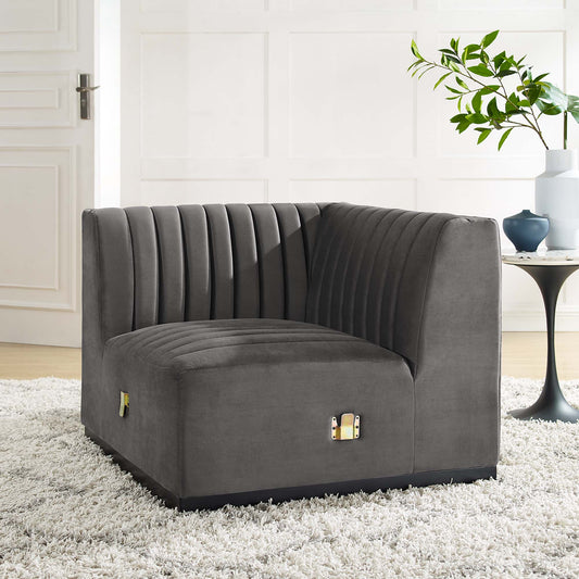 Evoke Velvet Left Corner Chair | Modular Sectional Component, Black & Gray